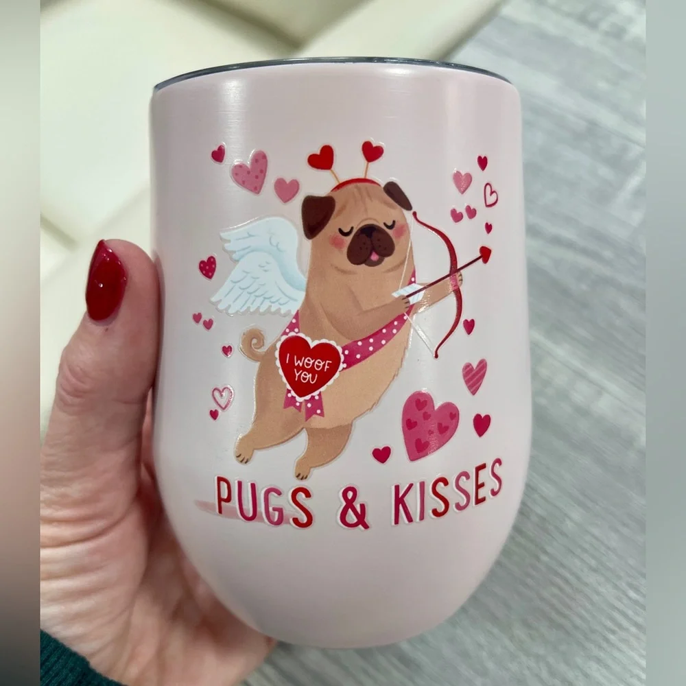 Valentine Pugs and Kisses Clementine Stainless Steel Insulated Mug Cup NWT
